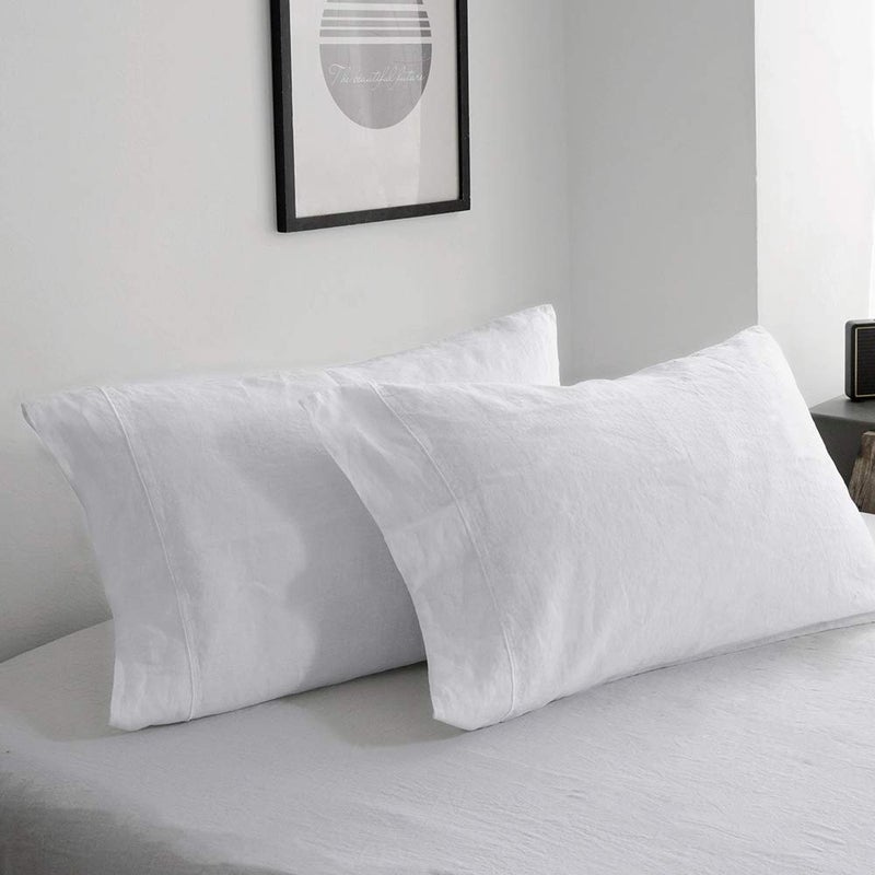 Simple&Opulence 100% French Linen Pillowcase King Size-Set of 2- Washed Solid Color Pillow Cases Embroidered -Soft and Durable (White, 20''x40'') - Image 1